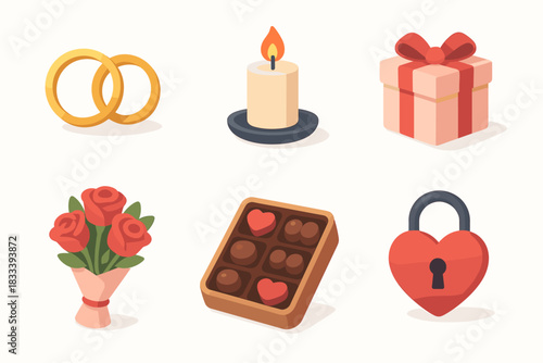 A set of romantic icons in a slightly more realistic style with shadows and volume, in classic Valentine's Day colors.