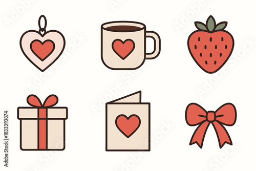A delicate and warm set of romantic icons in a pleasant beige and red pastel palette, perfect for Valentine's Day and cozy love themes.