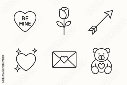 A set of romantic icons in a minimalist black and white (line art) style, also dedicated to Valentine's Day and the theme of love.