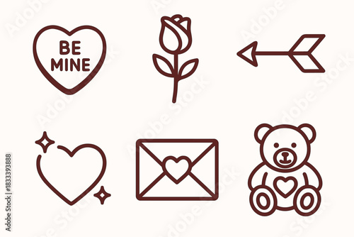 Emojis/icons in a minimalist outline style related to the theme of romance, love, and Valentine's Day (or simply a romantic mood).