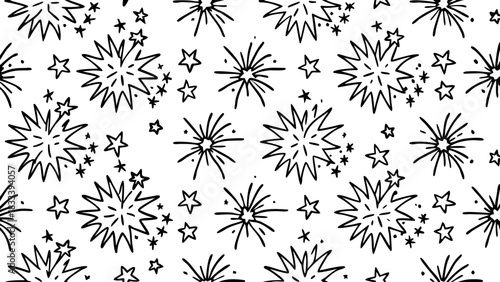 Very beautiful seamless pattern of playful hand-drawn doodle fireworks, featuring simple bursts, spark lines, festive stars, and looping shapes arranged in a clean repeating layout, perfect for textil
