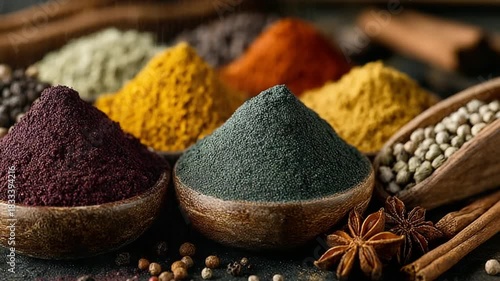 Vibrant Spices in Bowls with Cinnamon and Peppercorns