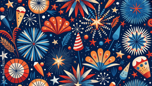 Very beautiful seamless pattern of playful hand-drawn doodle fireworks, featuring simple bursts, spark lines, festive stars, and looping shapes arranged in a clean repeating layout, perfect for textil