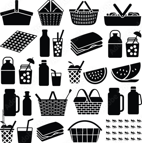 Collection of picnic items and baskets silhouette
