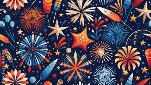 Very beautiful seamless pattern of playful hand-drawn doodle fireworks, featuring simple bursts, spark lines, festive stars, and looping shapes arranged in a clean repeating layout, perfect for textil