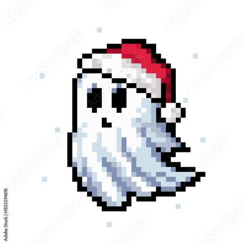 Cute ghost pixel icon in Santa Claus hat. Arcade game icon. Abstract Christmas character.