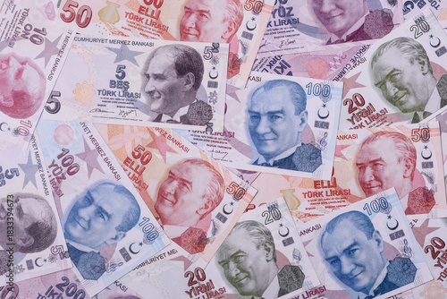 Fototapeta Naklejka Na Ścianę i Meble -  Money, currency of Turkey, lira banknotes of various denominations. Turkish money