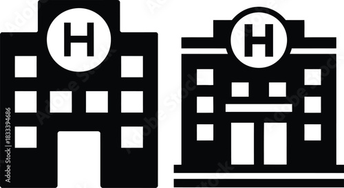 Hospital Building Black and White Vector Icon Set