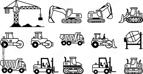 Construction Equipment Icons Cranes, Excavators, Bulldozers, and More
