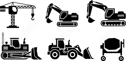 Construction Equipment Icons Cranes, Excavators, Bulldozers, and More
