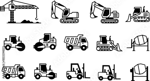 Construction Equipment Icons Cranes, Excavators, Bulldozers, and More
