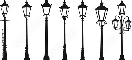Collection of vintage street lamp silhouettes on white