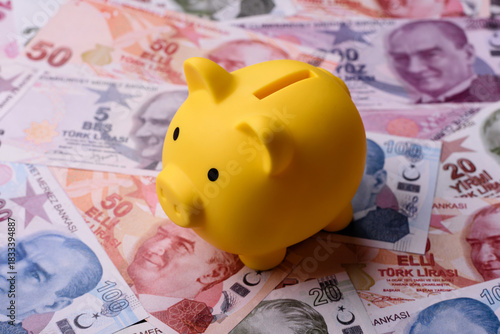 Fototapeta Naklejka Na Ścianę i Meble -  A piggy bank as a concept for storing, accumulating, and saving financial resources. A piggy bank