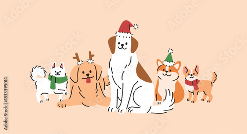 A group of cute dogs of different breeds wear a Santa winter hat Christmas costume. Vector illustration in hand drawn style