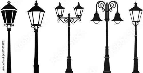 Collection of vintage street lamp silhouettes on white background