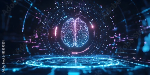 Futuristic digital representation of a glowing artificial intelligence brain with intricate circuits and data streams in a dark neon lit environment