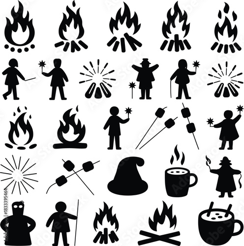 Campfire and outdoor activity icons silhouette collection