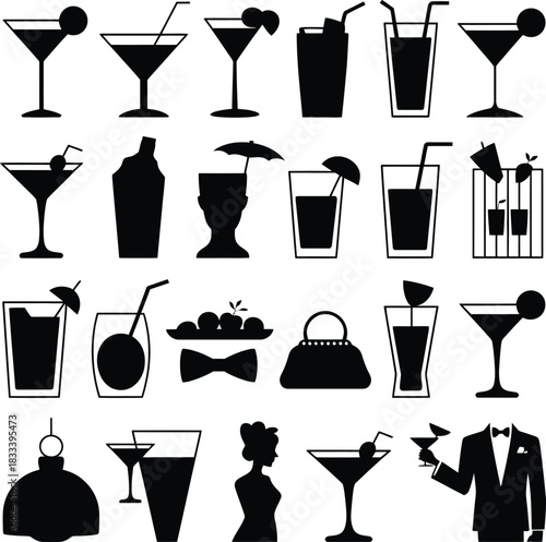 Collection of silhouetted cocktail glasses and bar accessories