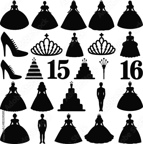 Silhouettes of formal gowns and accessories for special occasions