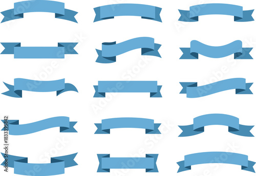 Variety of light blue vector ribbons and banners, in curved and straight designs, for decorative accents, headings, and graphic projects
