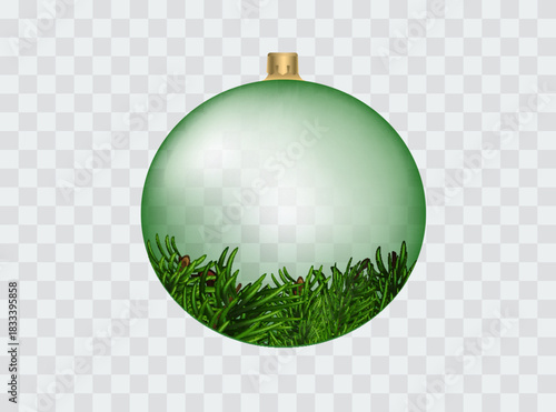 Christmas green ball on isolated background. Christmas ball with Christmas tree branches. Holiday decor. Vector illustration. Eps 10