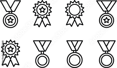 Set of Simple Line Art Medals and Ribbons for Awards and Achievements