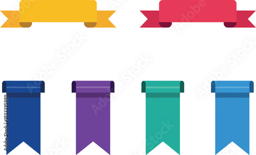 Colorful flat design vector banners and decorative ribbons, perfect for web graphics, labels, and various design projects, offering modern ornamental accents and clean interface components
