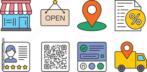 Shopfront, Open Sign, Location Pin, Invoice, ID Card, QR Code, Messages, Delivery Truck Flat Icons