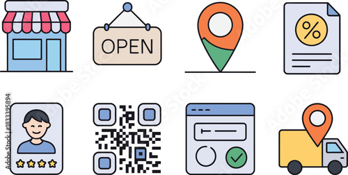 Collection of icons representing online shopping, retail, and logistics for e-commerce businesses