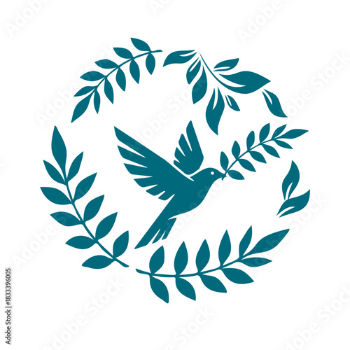 Bird in a wreath symbol blue graphic object of peace. Hand drawn. Not AI, vector illustration.