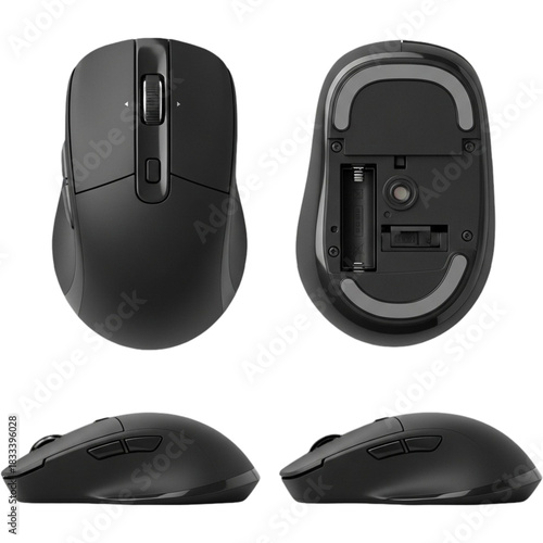 Modern black wireless computer mouse shown from multiple angles isolated on a transparent background for office and technology marketing.