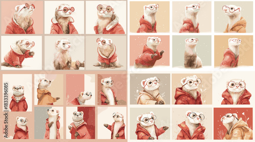 Charming ferret illustrations wearing cozy jackets in soft pastel tones. Ideal for nursery decor, cute animal design, children’s artwork, character sets, and playful seasonal illustrations.