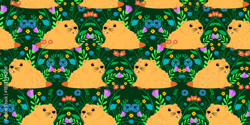 spring awakening seamless pattern marmot groundhog coming out of burrow emerald green background field flowers leaves branches fabric textile wallpaper design