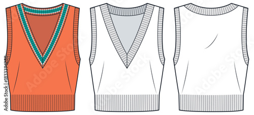  V-Neck Sweater Vest Technical Fashion Illustration. Crop Knit Vest fashion flat technical drawing template, front and back view, white, orange, women, men, unisex CAD mockup.