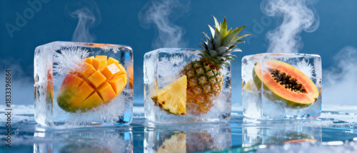Fresh fruits frozen in ice cubes with vapor on blue background  