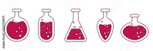 A set of five minimalist vector bottles filled with pink magic potion.