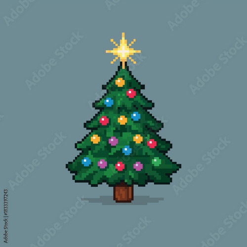 Decorated Christmas tree pixel art with a shining star on top. Vector illustration