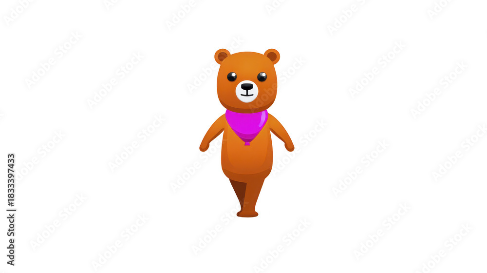 Obraz premium Cute cartoon bear with pink scarf, standing upright and smiling, isolated on transparent background, perfect for children designs and playful projects