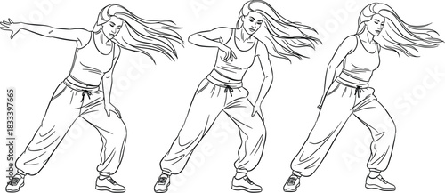 Energetic young woman performing dynamic hip hop dance moves in sequence, stylish illustration of choreography motion, expressive fitness activity artwork