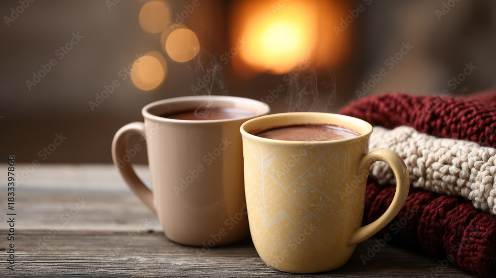 Obraz premium Cozy winter warmth with elegant ceramic mugs by the fireplace
