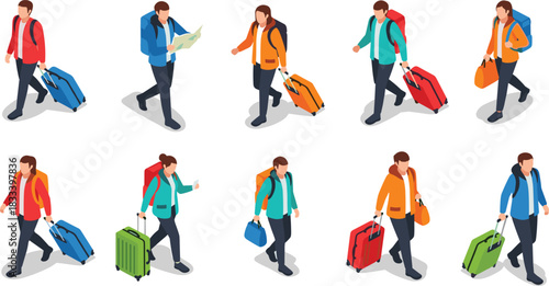 Isometric Vector Set of Traveling People with Backpacks and Suitcases, Men and Women Walking, Ready for Trip or Vacation Concept