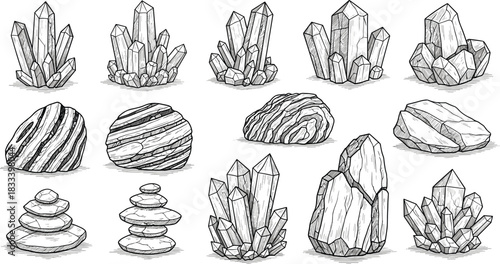 Detailed hand drawn crystal and stone illustration set featuring minerals, gemstones, rock formations, natural geology elements, collection of decorative sketch artwork