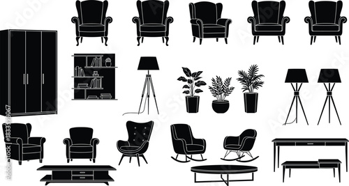 Large Collection of Home and Living Room Furniture Silhouettes: Armchairs, Lamps, Cabinets, Tables, and Plants Vector Set for Interior Design Layouts