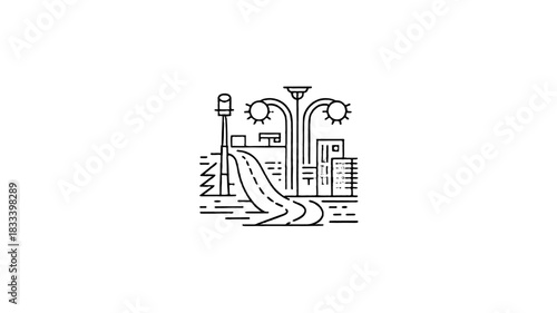 Illustration of a city scene with a road, buildings, and streetlights.