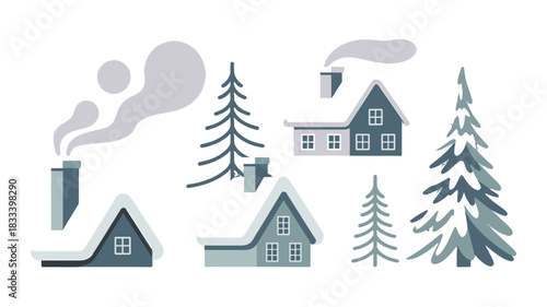 Winter scene featuring houses and snow-covered fir trees.