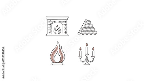 Collection of illustrations featuring fireplace, burning flame and candleholders.