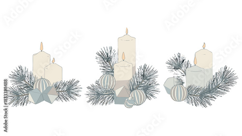Elegant arrangement of candles and festive ornaments.