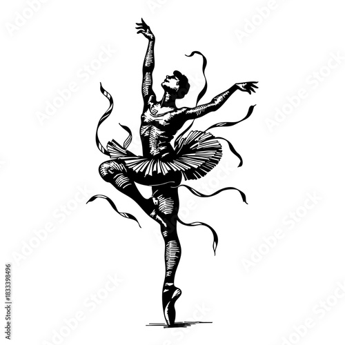 Black and white silhouette of ballerina and dancing vector illustration isolated on white background