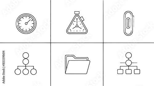 Six simple line drawings illustrating business and office-related items.