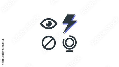 Simple and Modern Eye, Lightning, No-Entry and Crystal ball Icons on white background.